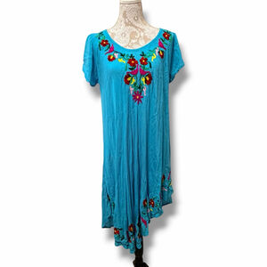 Riviera Sun Turquoise Embroidered Boho Dress Mexican Inspired Floral Peasant
